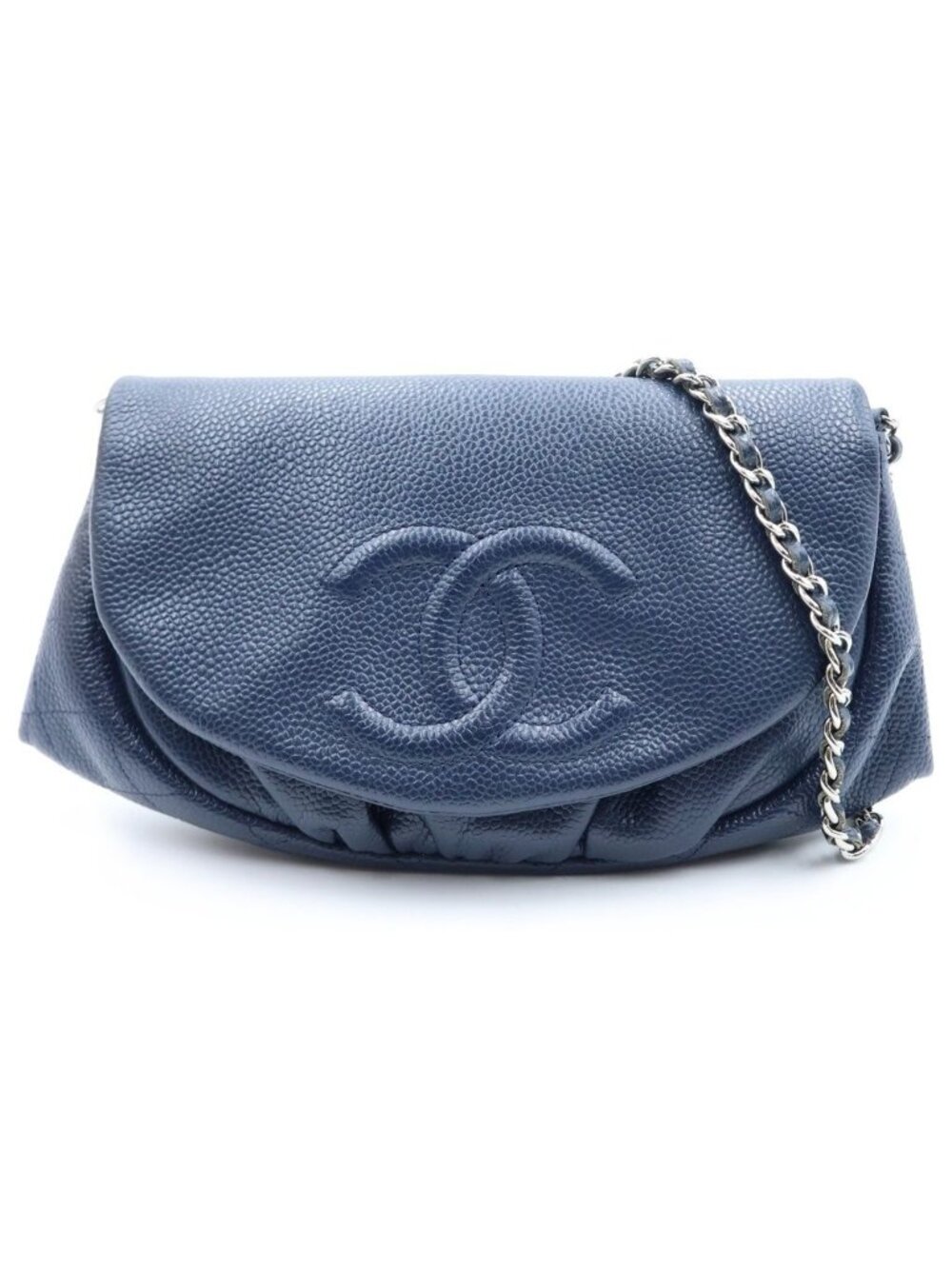 Chanel Half Moon Chain Mini Shoulder Bag Navy Caviar Leather Silver